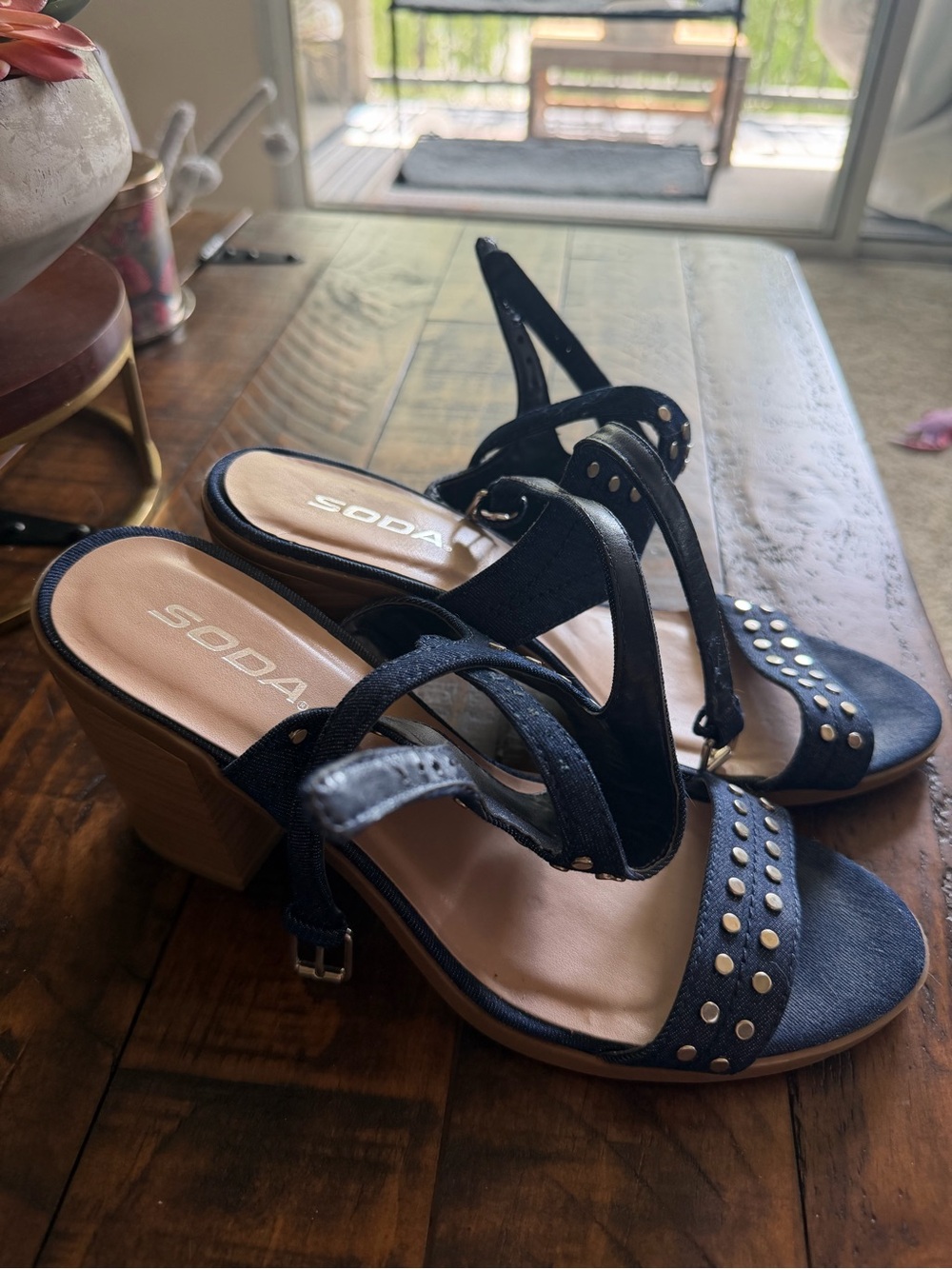 SODA Denim Blue Studded Strappy Block Heel Sandals